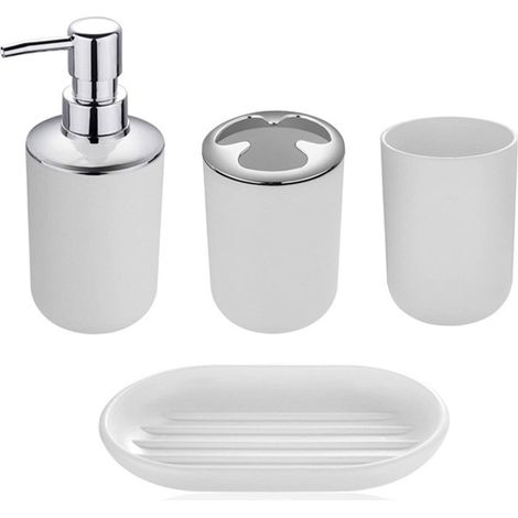 Juego de accesorios de baño de 4 piezas, que incluye un dispensador de jabón, un vaso para la bañera, una jabonera, un portacepillos de dientes y un portapasta dental (blanco).