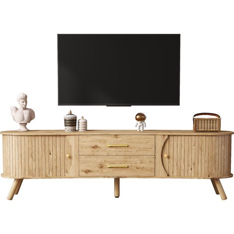 Meuble TV en forme de pois avec rainures verticales, 2 portes coulissantes et 2 tiroirs, pieds en bois massif, aspect bois, matériau MDF, style scandinave moderne