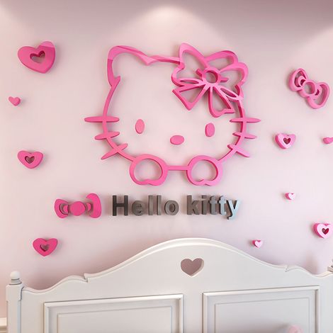 Sticker mural 3D moyen en acrylique stéréo, motif Hello Kitty, chat mignon, pour chambre d'enfant, chambre à coucher, rose rouge, lettrage noir (1/4)
