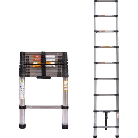 Échelle télescopique, acier inoxydable, hauteur maximale 2,5 mètres, longueur repliée 0,9 mètres, capacité de charge 150 kg, conforme à la norme EN131 (1/5)