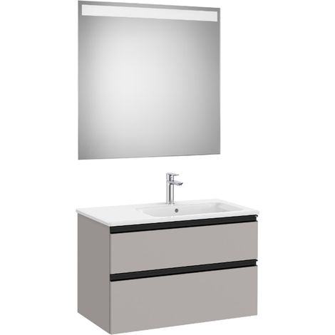 Pack meuble "The Gap" 800 - 2 tiroirs + lavabo slim droite + miroir LED - gris moyen mat/poignées noires - Roca (1/2)