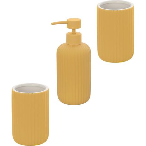 Set accessori bagno in ceramica giallo con dispenser sapone e due portaspazzolini Spring (1/5)