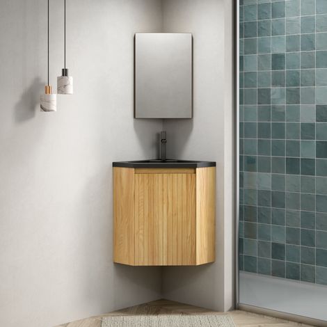 Mueble de lavabo de baño esquinero suspendido con lavabo integrado de resina negro mate OKWISH (1/5)