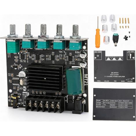 Carte D'amplificateur Bluetooth, 2X50W+100W ZK-MT21 Carte D'amplificateur de Puissance Numérique Stéréo DC12-24V pour Haut-parleurs 15-100W 4-8Ω (1/5)