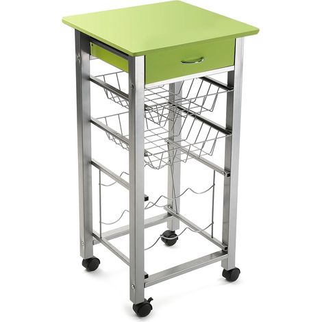 Carrello da Cucina con Piano Lavoro Verde Cassetto Ripiano e Porta Bottiglie Carrello 4 ruoteMultifunzionale in Legno e Metallo (1/4)