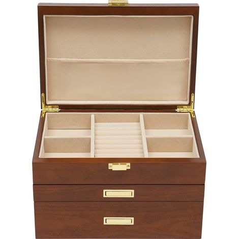 Schmuckkasten 3 Ebenen Schmuckkästchen Retro Schmuckaufbewahrung Groß Schmuckbox Schmuckvitrine für Ringe Ohrringe Armbänder und Halsketten (Braun)