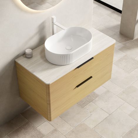 Mueble de baño suspendido con lavabo ovalado, encimera de piedra sinterizada, 2 cajones, beige, roble y blanco (1/5)