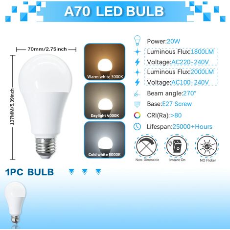 (1 unité, lumière naturelle 4000K) Ampoule LED A70, sans scintillement, indice de rendu des couleurs CRI 80+, convient aux chambres, couloirs, etc. (1/5)