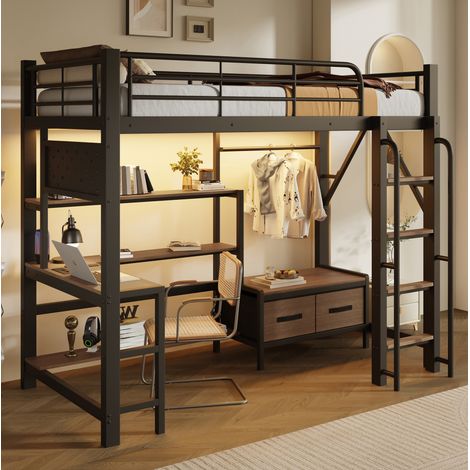 Letto a soppalco 90/200 cm nero con scrivania, LED, USB e vani portaoggetti (1/5)