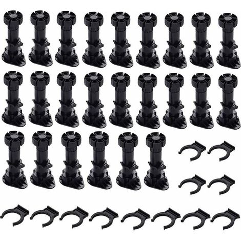 24 Pièces Pieds D'Armoire Plastique,Pied Réglable pour Meuble,Noir avec Clip Fixation Base pour Meubles de Cuisine,Armoire et Canapé(80mm-100mm) (1/5)