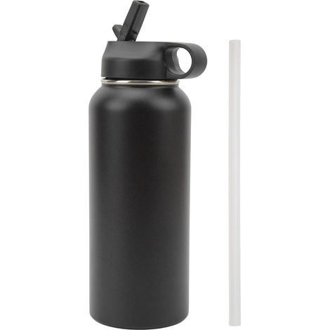 Gourde isotherme 32oz en acier inoxydable 304, bouteille de sport sous vide anti-fuite avec paille, pour salle de sport, vélo, voyage, noir (1/5)