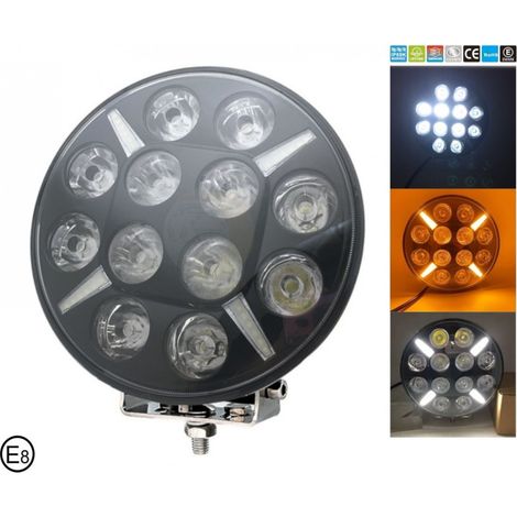 Phare halogène à diode LED — feu de gabarit blanc/orange Ø 218 mm 12V/24V 12 diodes pour jeep, camion, tracteur, pelleteuse
