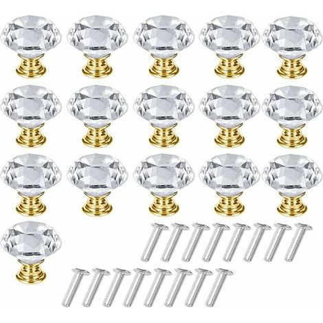 16 Pièces Poignée d'Armoire Cristal, Bouton de Placard Cristal, Poignée de Tiroir en Cristal, Solide Bouton de Meuble en Cristal Transparent avec Vis pour Coiffeuse, Armoire(Doré, Transparent) (1/5)