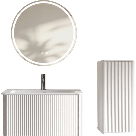 Set mobile bagno bianco 80 cm con lavabo, specchio LED rotondo e colonna laterale MODENUIT (1/5)