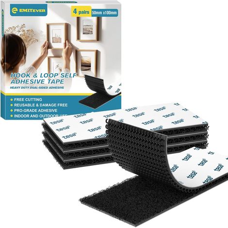 Scratch Autocollant Double Face, Hook & Loop Auto-Adhésif à Crochets Et Boucles, Ruban Adhésif Puissant Pour Décoration De Pièce, Maison, Bureau, Voiture (Noir, 50mmX100mm 4Paires) (1/5)