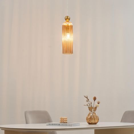 Kosilum – Suspension dorée en verre ambré cannelé – Hauteur 120cm – Culot E14 – Élégante pour intérieur moderne