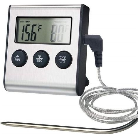 Thermometre Cuisine - Sonde Numerique Acier Inoxydable - Pour Viande Barbecue Four - Affichage LCD 0°C à 300°C - Minuterie et Fixation Magnetique - 1 Unite (1/2)