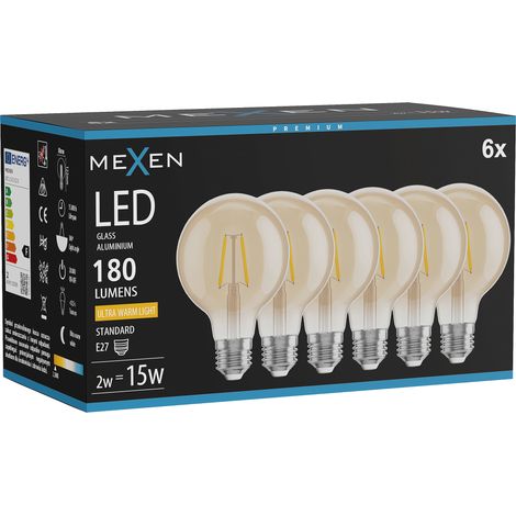 Mexen Vintis 6x Ampoule filament LED E27, G80, 2W, Chaude - 2200K, 180 lm, ambre - L155-E27-0222-50x06 (1/5)