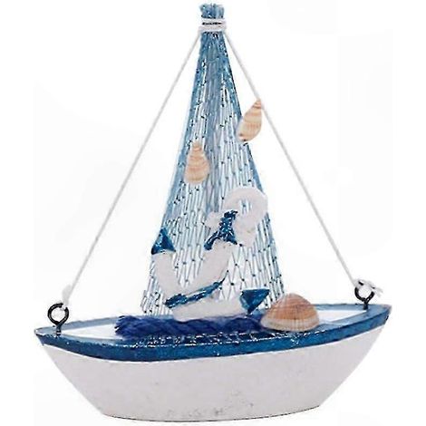 Maquette de voilier en bois avec filet de pêche, ancre et coquillage - Décoration nautique et maritime - Ornement pour la maison ou la table (1/5)