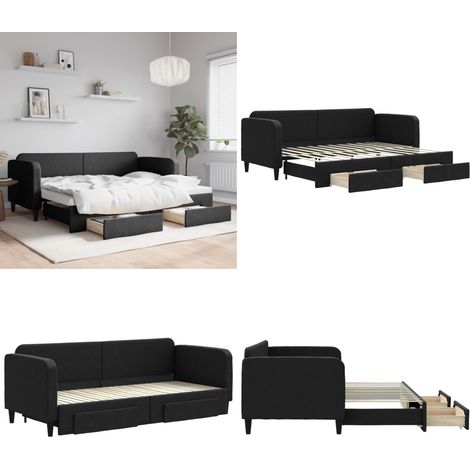 Tagesbett Ausziehbar mit Schubladen Schwarz 80x200 cm Stoff - Sofa - Schlafcouch - Gästebett - Tagesbett - Wohnzimmer - Home & Living