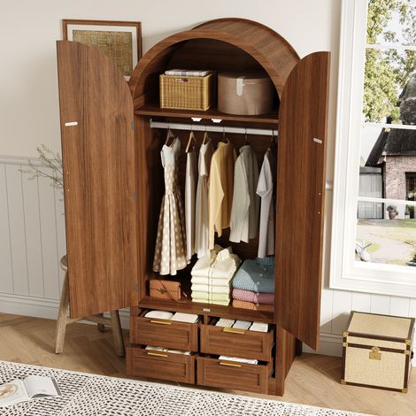 Armoire 80x50x179 cm noyer en MDF avec portes cintrées, rotin, penderie et tiroir (1/5)
