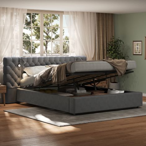Hydraulic Storage Super King Size Bed 6ft (180x200) with Reading Light and Wide Headboard in Gray Velvet