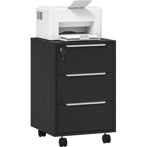 Caisson bureau noir 40x40x63,5cm mobile roulettes 3 tiroirs avec serrure rangement documents