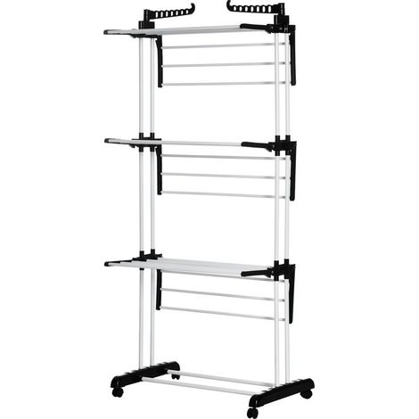 Séchoir étendoir à linge sur roulette pliable ailes latérales intérieure et extérieure 73 x 64 x 177 cm noir argent (1/5)