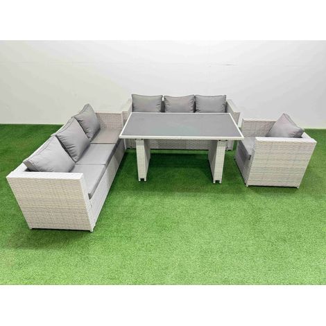 Fimous Patio Garden Furniture Sets with Black Glass Top Dining Table 3 Seater Sofa Armchair Light Grey (1/5)