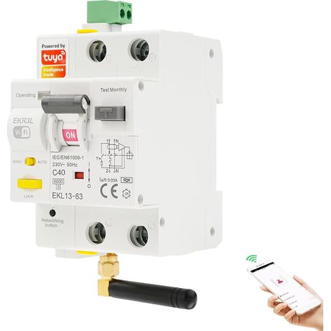 Disjoncteur différentiel 40A WiFi Réarmement automatique Disjoncteur différentiel intelligent 220V 2P Protection contre les fuites Contrôle Réactivation en mode automatique. (1/5)