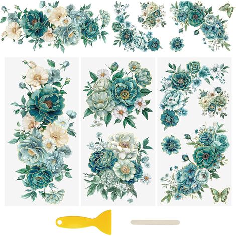 3 Feuilles Autocollants de Transfert pour Meuble, UV DTF Autocollant de Transfert à Frotter 3D Fleurs Vertes Vintage Décalcomanies Imperméables, pour Scrapbooking Bouteilles d'Eau, 15 x 30 cm (1/5)