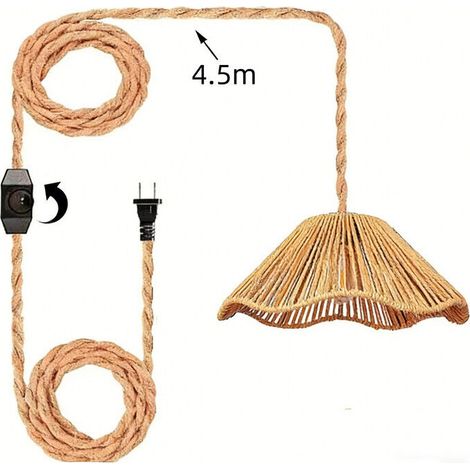 Douille E27 avec Interrupteur et Corde de Chanvre Câble 4.5M, Suspension Luminaire en Laiton Vintage, Lustre avec Abat-jour en Corde de Chanvre Tressé, Lampe Pendante Industrielle DIY avec Clip (1/3)