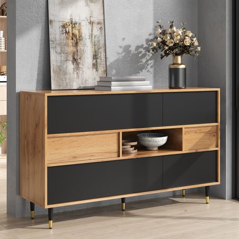 Modernluxe - Buffet moderne 140 x 40 x 84,5 cm - 2 tiroirs et 4 portes - Étagères ouvertes - Pieds en métal - MDF - Naturel et noir (1/5)