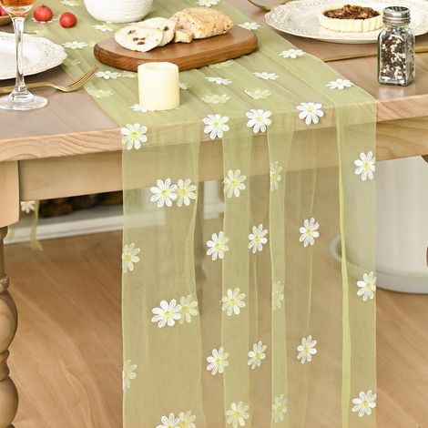 Chemin de table en tulle vert brique avec broderie marguerites - 70 x 300 cm - Décoration de table de cuisine d'été en intérieur, décor de fête/vacances (1/5)