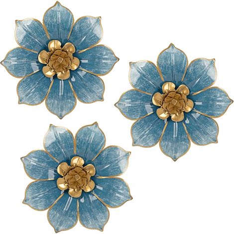 3 pièces Décoration murale en métal Fleurs 3D Art mural moderne Décor Sculpture florale bleue en métal Œuvres suspendues en métal pour décoration de salon Chambre à coucher Décoration de (1/5)