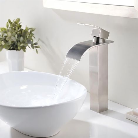 Robinet cascade salle de bain, mitigeur évier une poignée, eau chaude/froide silencieux, robinet laiton inox brossé