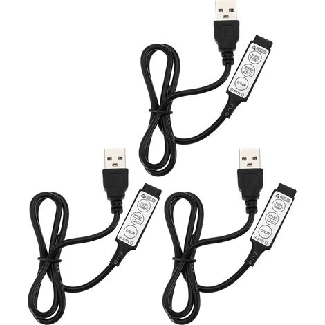 Lot de 3 contrôleurs de bande LED USB 5 V 3 touches 4 broches utilisés pour bande LED RVB 5 V câble d'interrupteur pour bande lumineuse LED Noir 51 cm (1/5)