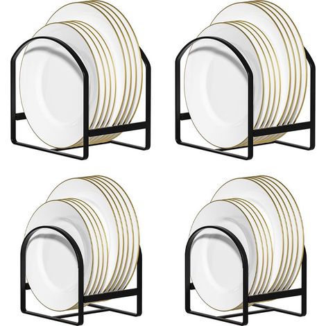 Lot de 4 grands supports de rangement pour assiettes verticales en métal pour placard et comptoir, antidérapant et antirouille - Noir (1/5)