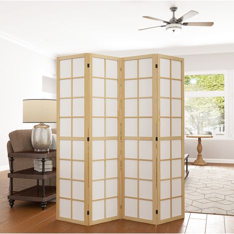 Paravent 160x1,7x170 cm en bois et tissu naturel, pliable gain de place pour salon FloraGrace (1/5)