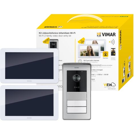 VIMAR K42946 Kit videocitofono WIFI multifamiliare, videocitofoni touch screen, targa lettore RFID 2 pulsanti, alimentatore multispina, staffe per fissaggio (1/5)