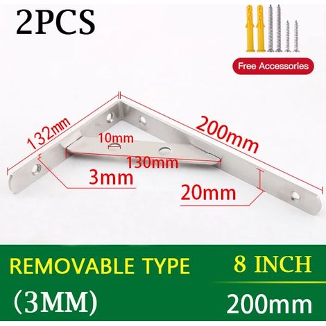 (Amovible 3 mm - 20 cm) 2 supports triangulaires en acier inoxydable pour étagère murale, support robuste, fixation murale, banc, table, étagère - quincaillerie (1/5)