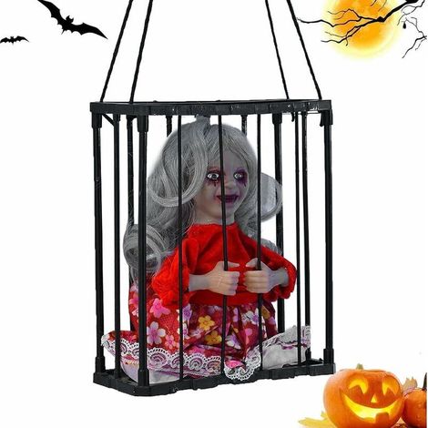 Bewegungsaktivierte Halloween-Dekorationen, schreiender Halloween-Totenkopf-Gefangenenkäfig mit Bewegungssensor und leuchtenden Augen, Dekorationen für Spukhäuser (1/5)