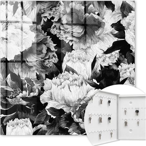 Armoire à clés - (30 cm x 30 cm) - Boîte à clés murale - Coffret de rangement pour clés - Couleur blanche - Ouverture vers la gauche - Pour maison et bureau - Fleurs noires et blanches (1/5)