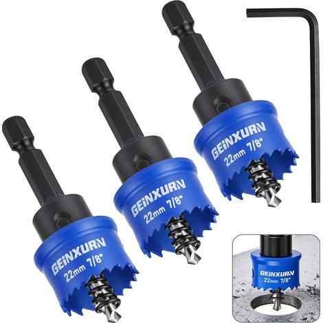 Lot de 3 scies cloches bimétalliques de 22 mm avec foret de centrage, scie circulaire bimétallique HSS M42 avec tige hexagonale de 1/4" pour métal, bois, plastique (1/5)