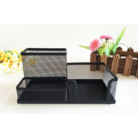 Organiseur de bureau en métal grillagé avec Pot à Stylo, 10.5x20.5x9.5CM，Noir (1/5)