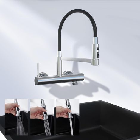 Küchenarmatur Wandmontage mit 3/4 Zoll Anschluss, Edelstahl, 3 Strahlarten, Silber (1/5)
