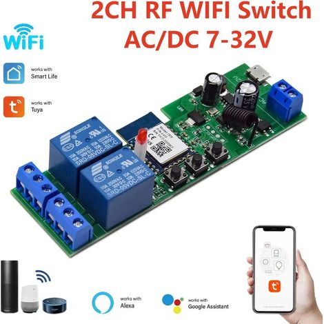 Interrupteur intelligent WiFi Tuya, module de commutation DIY avec minuterie 220 V, commande vocale RF, 2 canaux,2路涂鸦7-32V(WIFI和RF版本) (1/5)