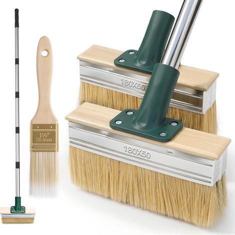 Pinceau plat à long manche pour terrasse avec 2 têtes de pinceau de 18 cm de largeur, finition rapide pour sols en bois (1/5)