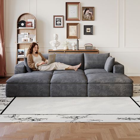 Canapé Cloud de 260 cm en tissu velours côtelé gris foncé, conception à double couche, revêtement amovible, sans assemblage requis – idéal pour salon, chambre, salle de conférence et appartement (1/5)