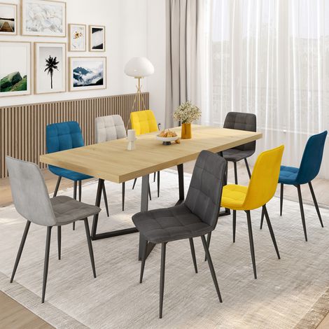 Lote de 8 sillas MILA en mezcla de terciopelo color azul x2, gris oscuro x2, gris claro x2, amarillo x2